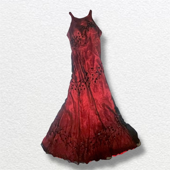 Vintage Red Floral Beaded Elegant Prom Ball Formal Gown Dress - Picture 8 of 11